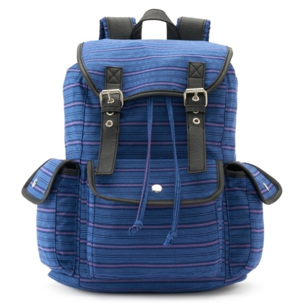 Candie's Anna Striped Multi-Pocket Backpack Blue, Red Design, Black Trim 15.5"H!